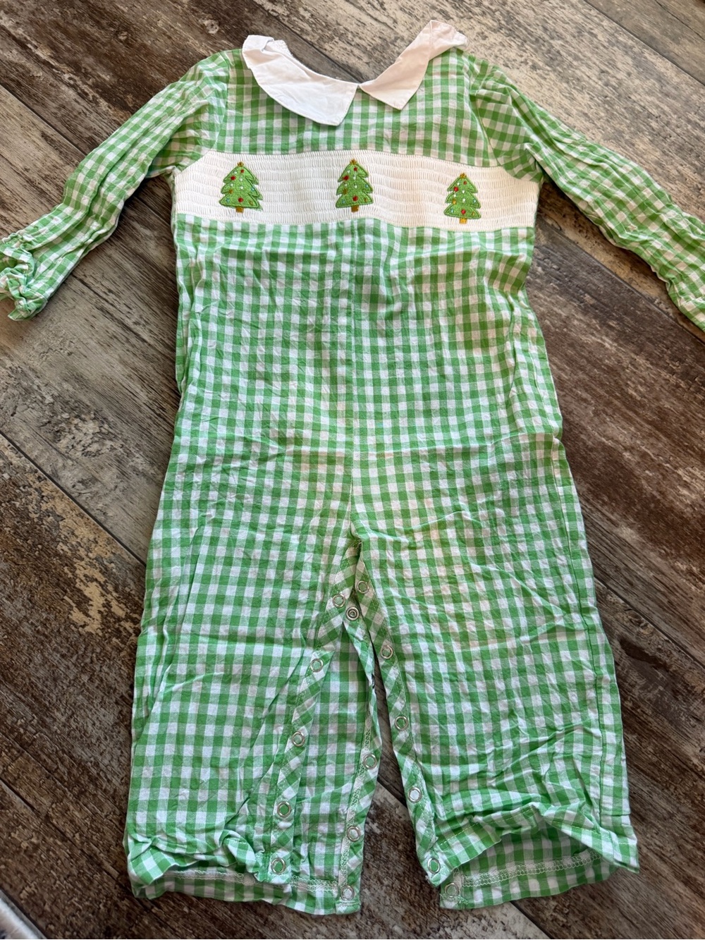 Green Gingham Baby Romper with Holiday Tree Embroidery